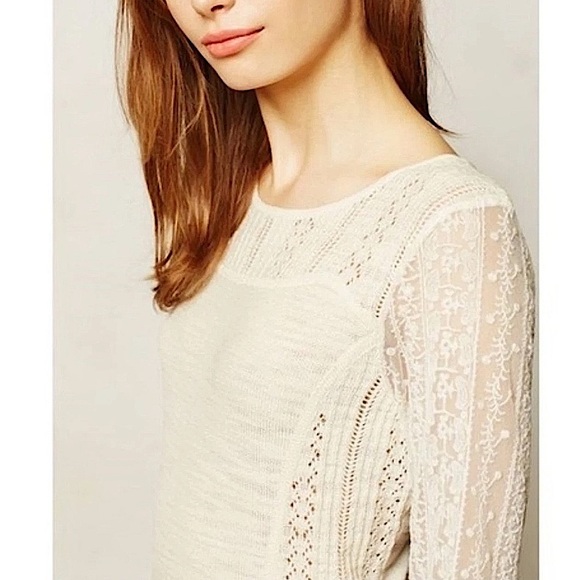 Knitted & Knotted Coquette Cream Lace Sleeve Sweater Texture Cotton Rear Zip SzM - Picture 5 of 16